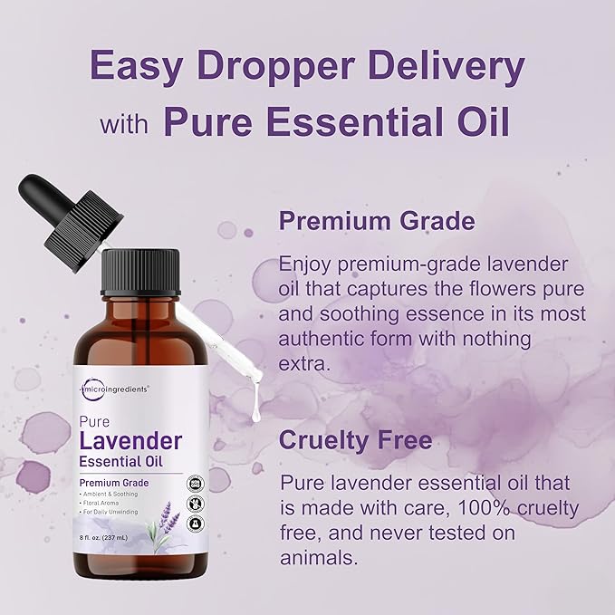 Pure Lavender Essential Oil, 8 fl oz | Premium Grade Liquid Drops | DIY for Natural Aromatherapy, Soap, Lotion, Diffuser, Candles, Body & Scalp Massages | Soothing Floral Aroma | Cruelty Free