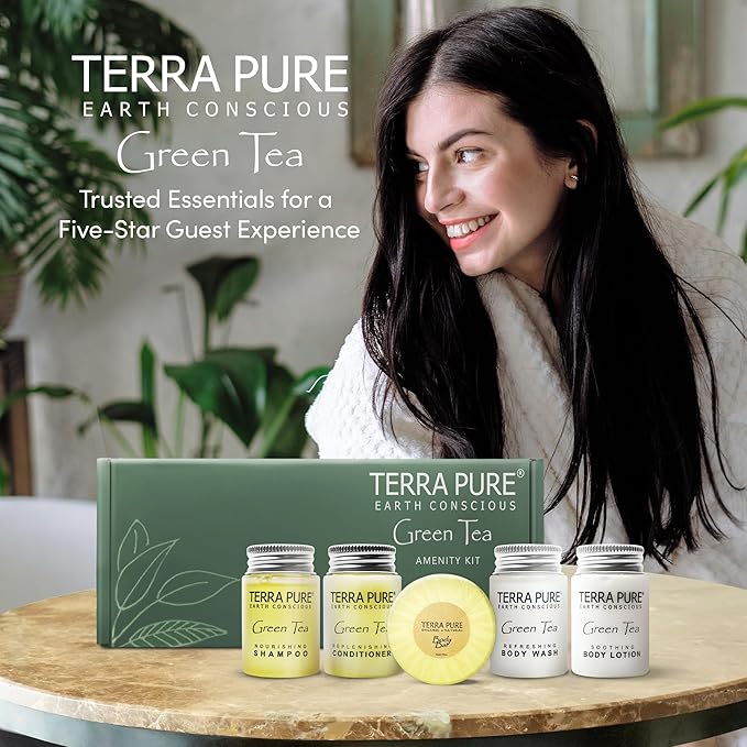 Terra Pure Green Tea Amenity Kit | Boxed Hotel Bulk Toiletries | 1 oz Shampoo, Conditioner, Lotion, Body Wash, Body Bar Soap for Guest Hospitality Vacation Rentals | 60 Sets/Case