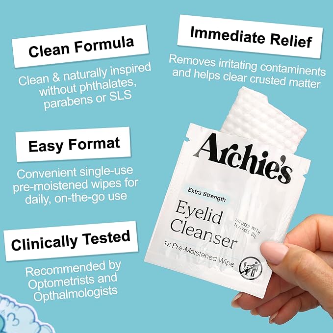 Archie's Remedies Eyelid Wipes and Lid Scrub - 30 Pre-Moistened Wipes - Australian Tea Tree Oil, Paraben-Free, SLS-Free, Phthalate-Free, Ideal for Sensitive Skin and Daily Eye Care