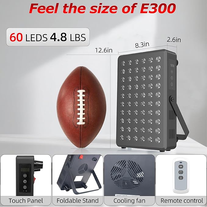 Red Light Therapy Panel for Body and Face, 660nm Red 850nm and Near Infrared Panel Built-in Timer, 60 LEDs High Power, Promote Sleep, Improve The Body, Relieve Muscle Fatigue（E300-Black)