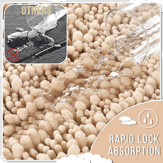 Yimobra Bathroom Rugs Non Slip Washable - Ultra Soft Absorbent Chenille Bath Mat, Quick Dry Shaggy Floor Carpet for Tub Shower, Light Brown Home Decor Accessories, 24x17 Inch