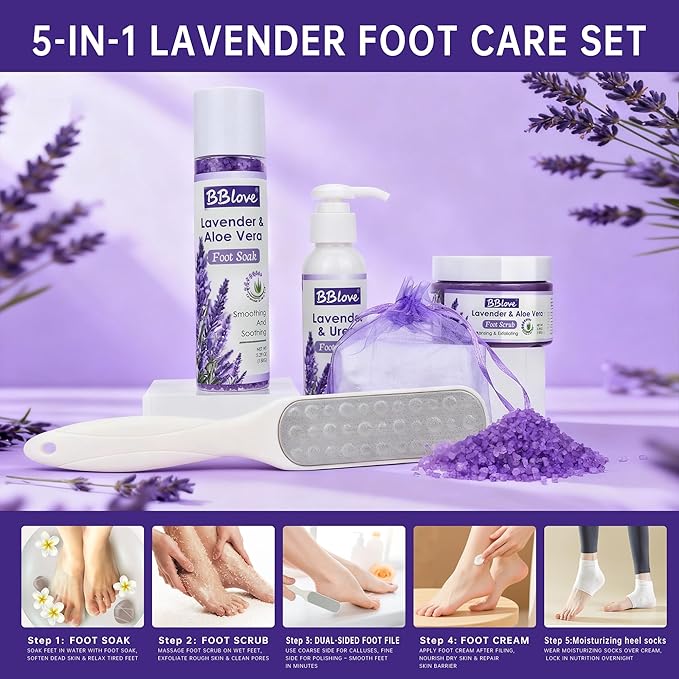 Lavender Foot Soak Set - Moisturizing Gel Socks, Foot File,Salt, Scrub, Foot Cream-5-in-1 Spa Care Kit & Cracked Heel Treatment, Exfoliating Dead Skin Repair Care Gift Set for Him and Her