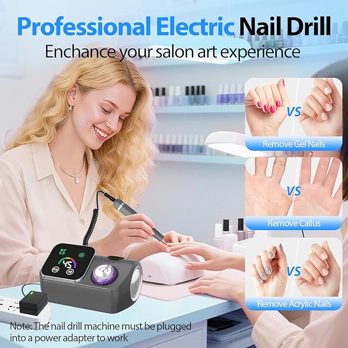 Professional Electric Nail Drill E-File Machine - 45,000 RPM Corded Nail Drills Kit with Low Noise & LED Display for Shaping, Removing & Polishing Acrylic Gel Nails for Salon Home