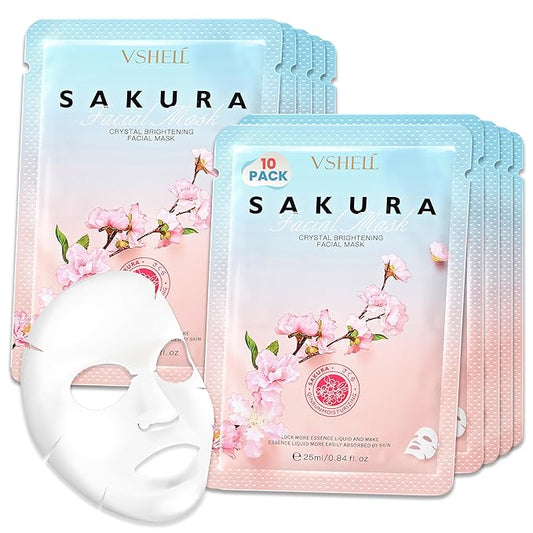 Brightening Face Sheet Mask, Set of 10 - Japanese Hydrating Beauty Skincare with Sakura Extract for Women and Men - Moisturising Anti Aging Facial Treatment - Ideal for Sensitive Skin