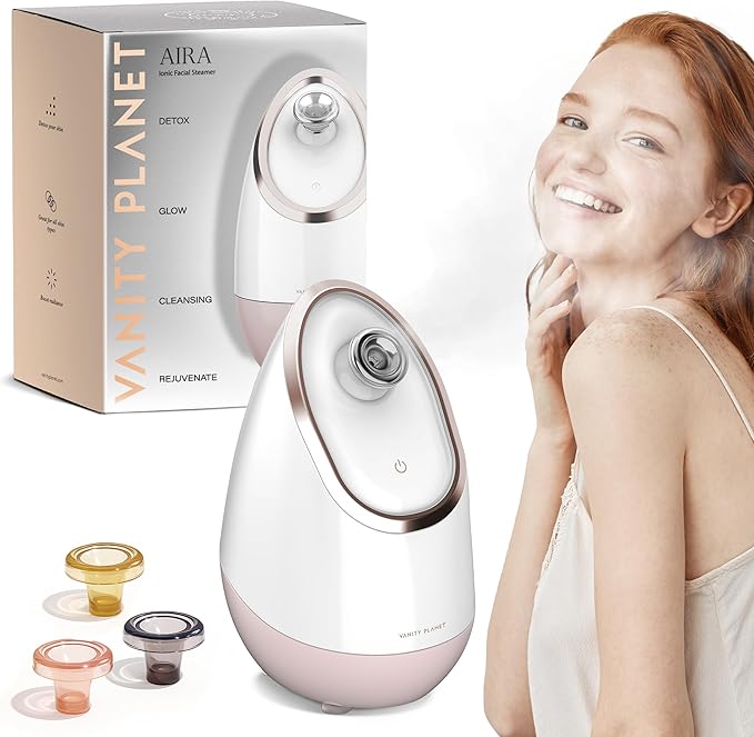 Vanity Planet Aira Ionic Facial Steamer (Rose Gold) - Pore Cleaner That Detoxifies, Cleanses and Moisturizes - Adjustable Nozzle, Water Tank with 3 Essential Oil Baskets