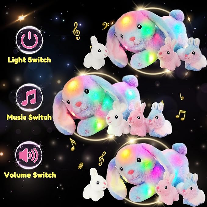 Hopearl LED Musical Stuffed Bunny Light up Singing Plush Toy Playset Mommy Rabbit with 3 Baby Bunnies in her Tummy Adjustable Volume Lullaby Animated Soothe Gifts for Kids Toddler Girls, Rainbow, 12''