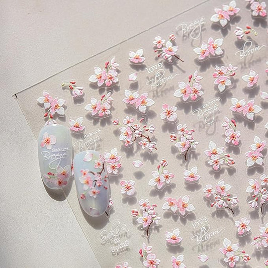 Flower Nail Stickers for Nail Art 5D Self Adhesive Nail Decals Spring Summer Nail Art Stickers White Pink Floral Nail Supplies Manicure Decoration for Women Girls