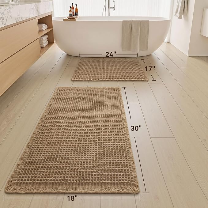 Upgraded Waffle Bath Mat Set of 2, Super Absorbent Non Slip Bath Mats for Bathroom Floor, Machine Washable Boho Bathroom Rugs Set 2 Piece with Tassels, Soft Bathroom Mat Set, 17" x 24" +18" x 30"