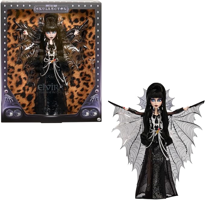 Monster High Doll, Elvira, Mistress of The Dark Collectible in Black Faux Leather Dress with Silvery Batwing Cape and Premium Accessories (Amazon Exclusive)