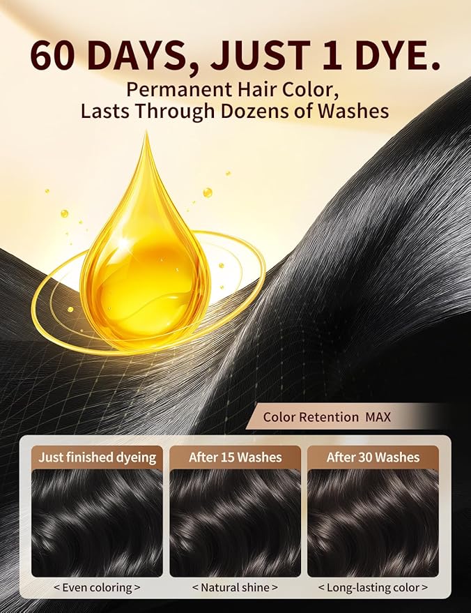 Black Hair Dye Shampoo, 3-in-1 Hair Color, Permanent, Unisex, 100% Gray Coverage, Seamless Root Blend, Last More than 30 Days, 7 Plant Extracts, Frizz-Free, with Dye Tools, 500ml