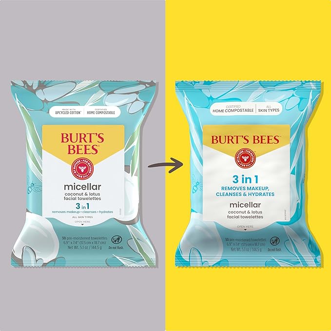 Burt's Bees Stocking Stuffers, Coconut & Lotus Face Wipes, for All Skin Types, Micellar Makeup Remover & Facial Cleansing Towelettes, Skin Care Christmas Gifts, 30 Ct. (3-Pack)