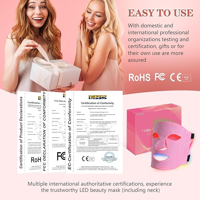 Led Face Mask Light Therapy,Red Light Therapy for Face and Neck,7 Colors LED Facial Skin Care Mask,5 Level Brightness Adjustment,309 LED Beads Can Be Used at Home,Pink