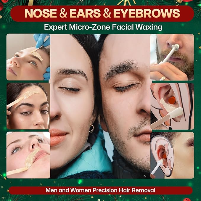 Nose Wax Kit for Eyebrow and Ear Hair | 100gWax, 50 Face Waxing Sticks | Fast-Heating USB Wax Warmer | Hair Removal Kit for Men & Women | 15 Pre/Post Wipes, Ear and Mustache Guards & Earplug