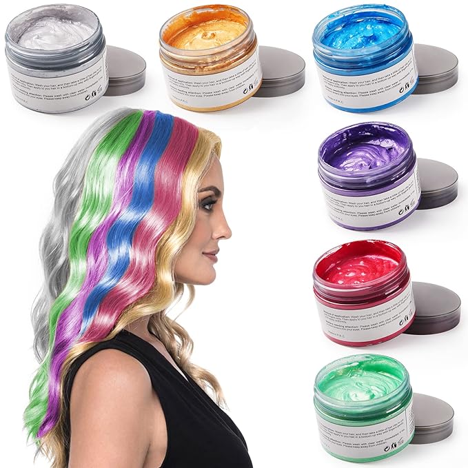 6 Colors Hair Color Wax, 6 in 1 Sliver Blue Purple Gold Green Pink Red, Temporary Hair Color for Party, Cosplay, Date, Halloween