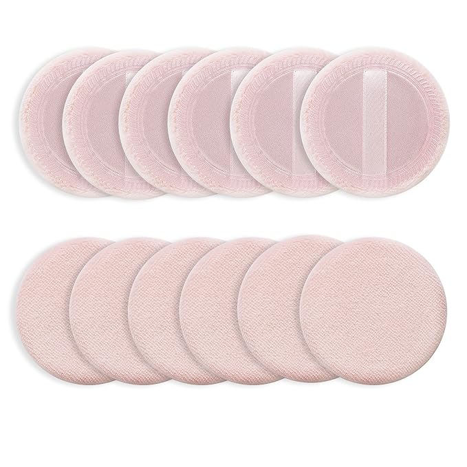 Sibba 12 Pcs Loose Powder Puff Pink Cotton Pads Face Body Makeup Velour with Ribbon Applicators Setting Round Make Up Eyeshadow Concealer Cosmetics Sponge