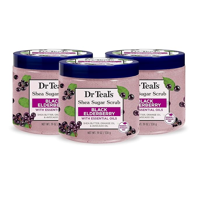 Dr Teal's Shea Sugar Body Scrub, Black Elderberry with Essential Oils, 19 oz (Pack of 3)