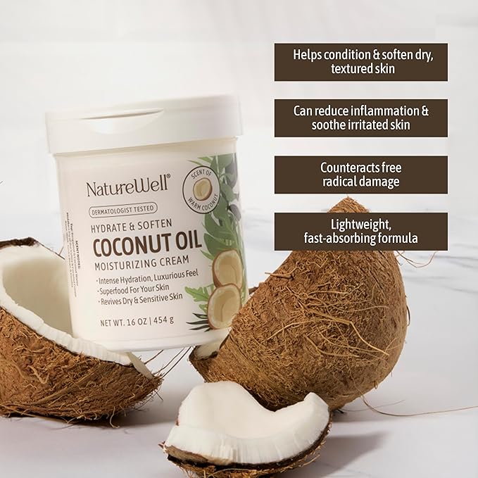 NATURE WELL Hydrate & Soften Coconut Oil Moisturizing Cream for Face, Body, & Hands, Non-Greasy, Intense Hydration & Luxurious Feel, Revives Dry & Sensitive Skin, 10 Oz