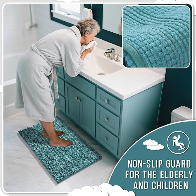 Yimobra Bathroom Runner Rug 55x24 Inch - Extra Long Non Slip Chenille Bath Mat, Soft & Absorbent, Machine Washable Shaggy Hallway Carpet for Vanity Tub Shower, Teal Blue Home Decor Accessories