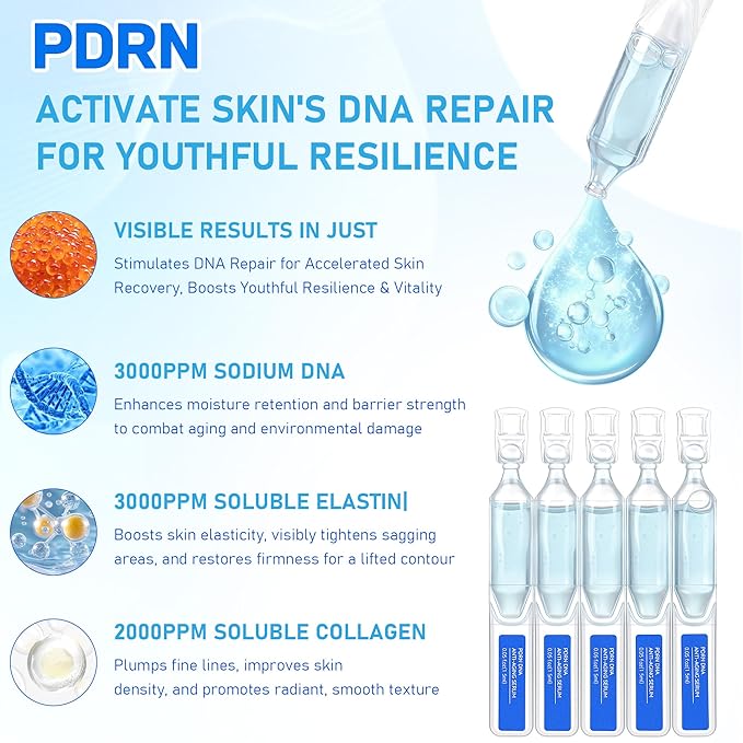 Salmon DNA PDRN Korean Collagen Hyaluronic Acid Ampoule, Anti-Aging Hydrating Serum with Glutathione, Niacinamide & 5000ppm Salmon Egg DNA, Firming Brightening Improves skin Radiance 0.05 fl.oz x 40e