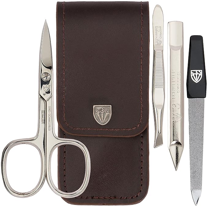 3 Swords Germany - brand quality 3 piece manicure pedicure grooming kit set for professional finger & toe nail care scissors tool genuine leather case in gift box, Made in Solingen Germany