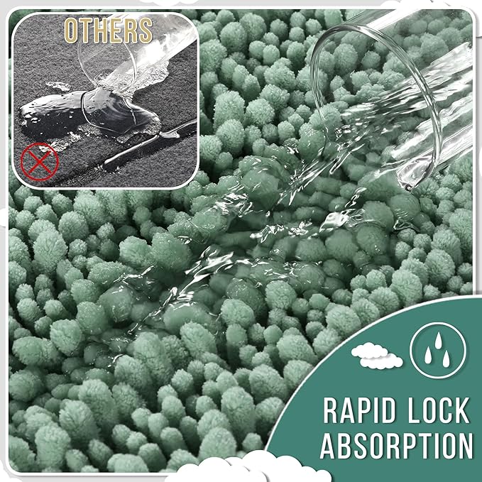 Yimobra Bathroom Rugs Non Slip Washable - Ultra Soft Absorbent Chenille Bath Mat, Quick Dry Shaggy Floor Carpet for Tub Shower, Green Home Decor Accessories, 24x17 Inch