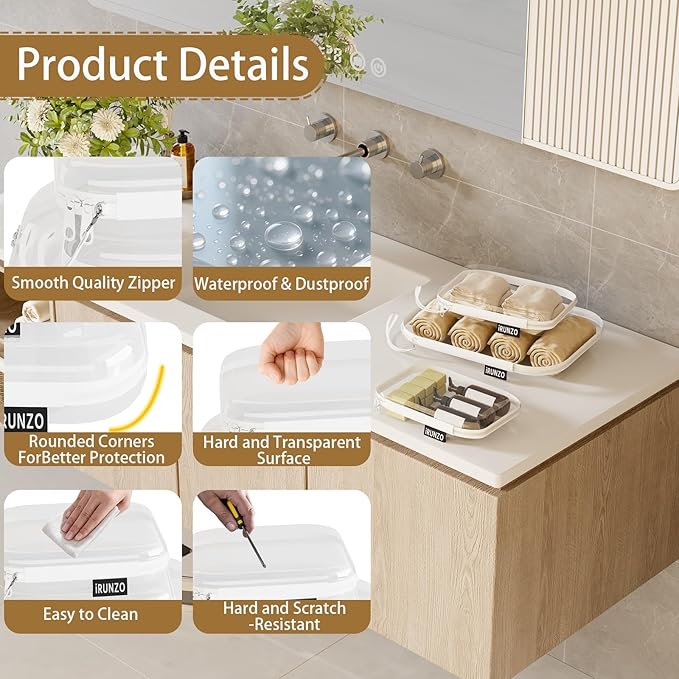 3 PCS Clear Hard Shell Zipper Case With Handle Strap，Clear Plastic Waterproof Cosmetic Makeup Bags Toiletry Pouches for Travel With Double Zipper，Kid's Toy Storage Organizer Bins Box