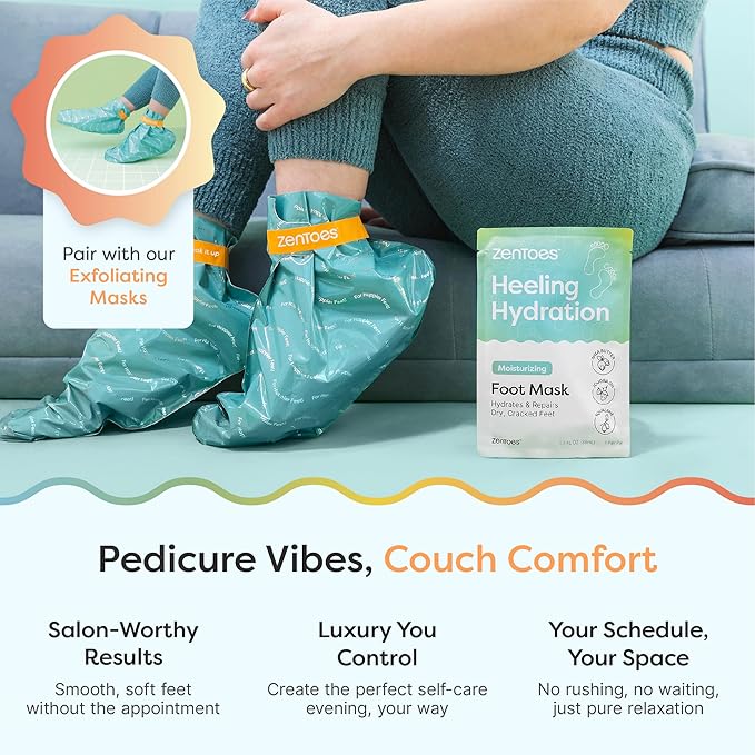 ZenToes Moisturizing Foot Mask for Dry Cracked Feet | Shea Butter, Jojoba Oil & Squalane Infused Hydrating Sheet Masks | Spa Experience At Home | Mess Free Design | Vanilla Citrus Scented, 3 Pairs