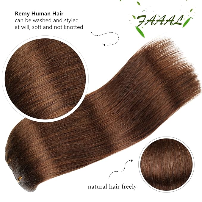 14" Clip in Human Hair Extensions Full Head 110g 7 Pieces 16 Clips Chocolate Brown Double Weft Brazilian Real Remy Hair Extensions Thick Straight Silky (14",110g 4#)