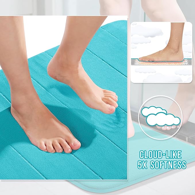 Yimobra Memory Foam Bath Mat, Super Soft Absorbent Bathroom Rug Non Slip, Quick Dry, Machine Washable Floor Carpet for Tub Shower, Home Decor Accessories, 24x17, Lake Blue