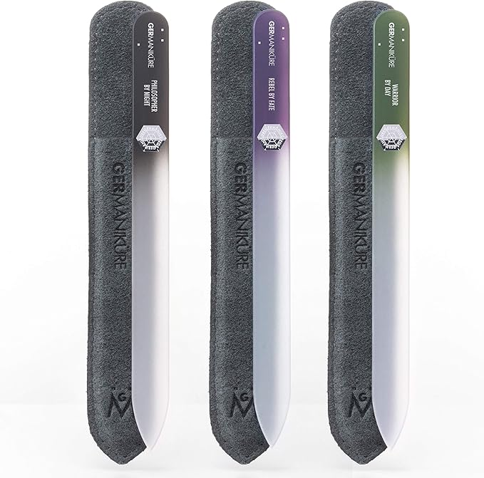 GERMANIKURE Czech Crystal Glass Nail File 3 Pack in Suede Sleeves - Professional Manicure & Pedicure Products for Smooth Easy Shaping of Natural Nails - Ideal Nail Care Gift