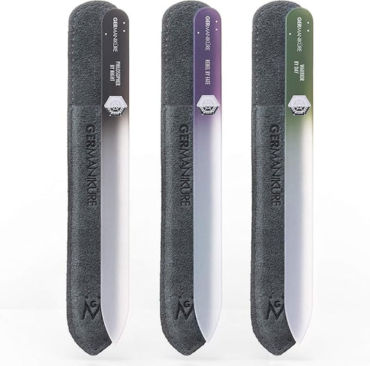 GERMANIKURE Czech Crystal Glass Nail File 3 Pack in Suede Sleeves - Professional Manicure & Pedicure Products for Smooth Easy Shaping of Natural Nails - Ideal Nail Care Gift