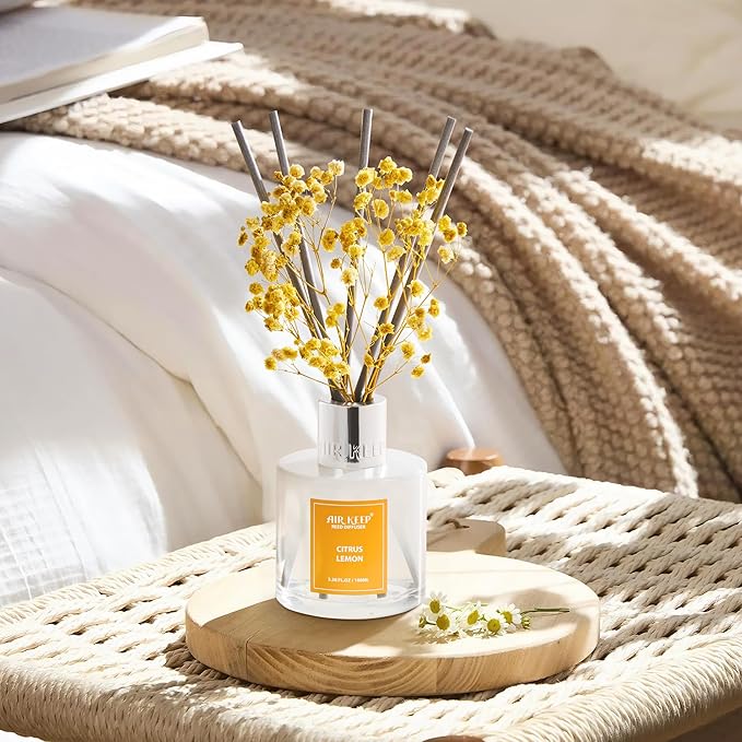 Airkeep Reed Diffuser Set,3.38 fl oz (100 ml) - Citrus Lemon Oil Diffusers with 8 Reed Sticks, Home Fragrance Reed Diffuser for Bathroom Shelf Decor