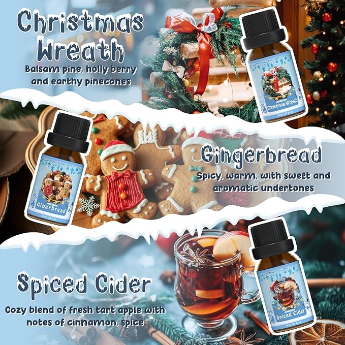 Winter Essential Oils Set, ARVIDSSON Holiday Fragrance Oil for Diffuser, Cinnamon, Christmas Wreath, Apple Cider, Gingerbread, Cranberry, Winter Mint Scented Oils for Home
