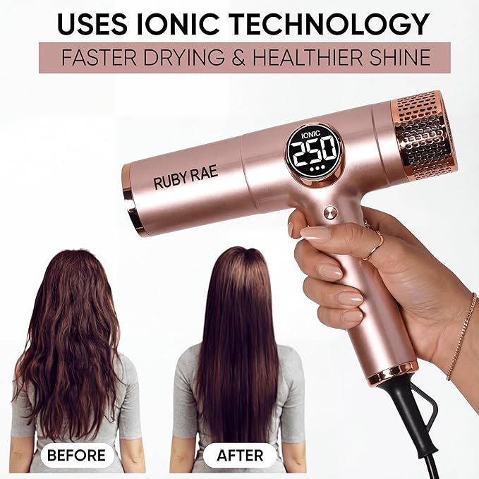 RUBY RAE Ionic Hair Dryer 2000W, Professional Dual Voltage Blow Dryer with Diffuser, Lightweight Design, Fast Drying, Low Noise Technology, 3 Magnetic Attachments Suitable for All Hair Types