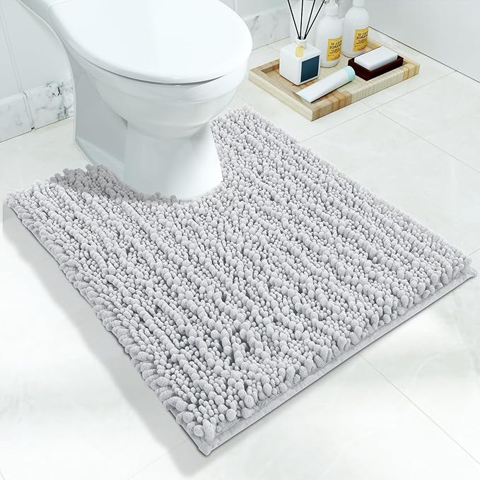 Yimobra Toilet Rug U Shaped Washable 24x20 Inch - Ultra Soft Absorbent Chenille Bath Rugs for Toilet, Quick Dry & Machine Washable, Non Slip Contour Bathroom Mat, Silver