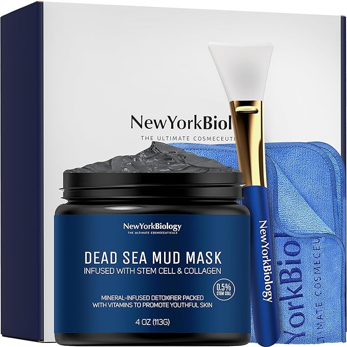 New York Biology Dead Sea Mud Mask for Face & Body | with Stem Cell and Collagen | Face Mask, Brush Applicator, Towel | Spa Quality Pore Refiner for Oily Skin | Natural Skincare for Women & Men | 4 oz