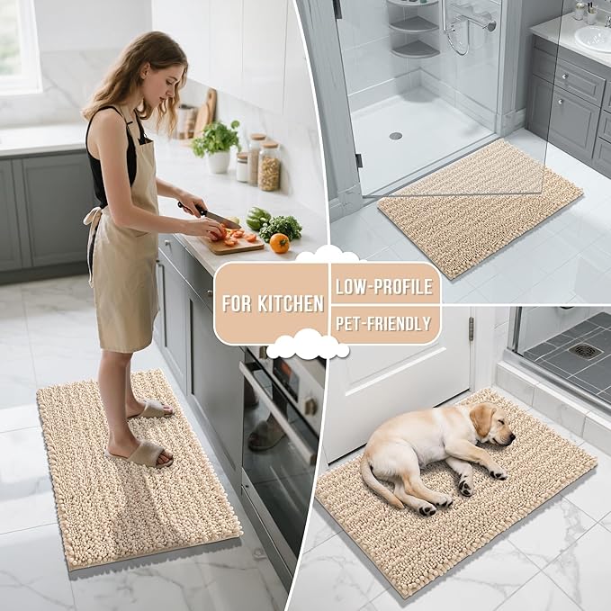Yimobra Bathroom Runner Rug 60x24 Inch - Extra Long Non Slip Chenille Bath Mat, Soft & Absorbent, Machine Washable Shaggy Hallway Carpet for Vanity Tub Shower, Light Brown Home Decor Accessories