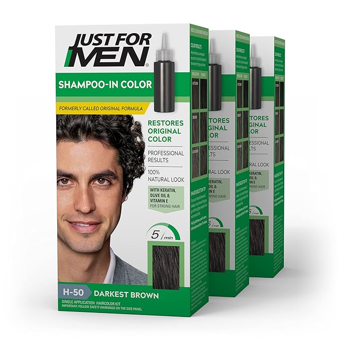 Just For Men Shampoo-In Color (Formerly Original Formula), Mens Hair Color with Keratin and Vitamin E for Stronger Hair - Darkest Brown, H-50, Pack of 3