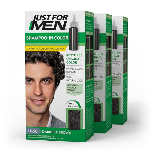 Just For Men Shampoo-In Color (Formerly Original Formula), Mens Hair Color with Keratin and Vitamin E for Stronger Hair - Darkest Brown, H-50, Pack of 3