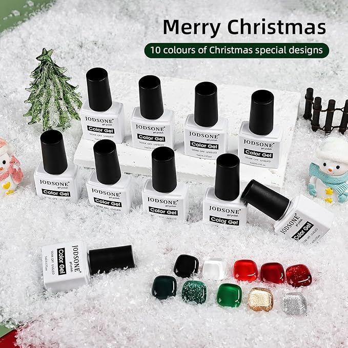JODSONE Christmas Gel Nail Polish Set,10 Colors 2025 Winter Black White Glitter Burgundy Red & Green Silver Gel Polish DIY Salon for Women Girls Home Christmas Gift