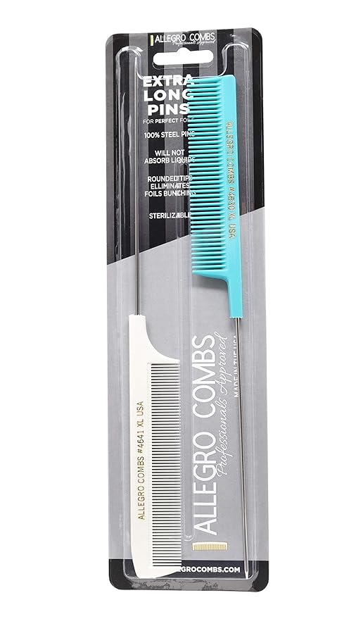 Allegro XL Pintail Rat Tail & Parting Combs - Metal Tail Foiling & Pin Combs (2 Pc. AQUA & WHITE)