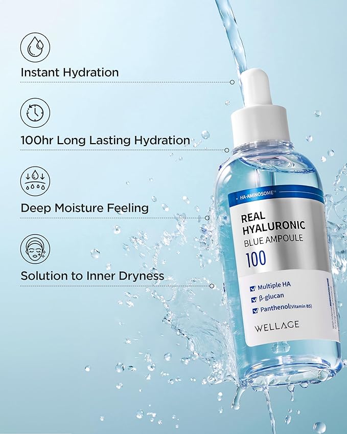 WELLAGE Real Hyaluronic Blue Ampoule 100, Korean Serum, Fragrance Free Hyaluronic Acid Ampoule with Panthenol, Wild yam, Centella for Sensitive Dry Skin Moisturizer 2.54 fl.oz