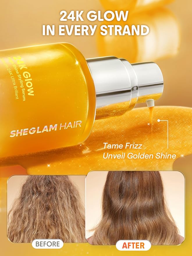 SHEGLAM HAIR 24K Gold Hair Oil Treatment for Frizz Control, 10 in 1 Treatment Serum for Dry Damaged Hair, Almond & Macadamia Oil, for All Hair Types, Heat Protectant, 1.69 fl oz