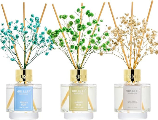 Airkeep Reed Diffuser Set of 3, Jasmine Mint Gardenia Freesia Pear Oil Reed Diffusers for Bedroom Living Room Office Aromatherapy Oil Reed Diffuser for Gift 50ml x 3