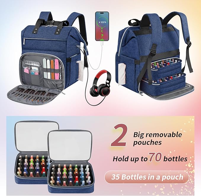 LTINVECK Nail Polish Organizer Case Backpack Holds 70 Bottles (15ml/0.5fl.oz)& Nail Lamp, 2 Layers Detachable Nail Kit Storage Case, Large Travel Nail Supplies Shoulder Bag for Manicure Tools (Blue)