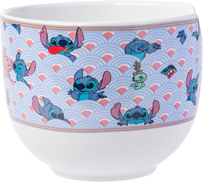 Silver Buffalo Disney Lilo and Stitch Scrump Waves Japanese Pattern Ceramic Ramen Noodle Rice Bowl with Chopsticks and Spoon, Microwave Safe, 20 Ounces