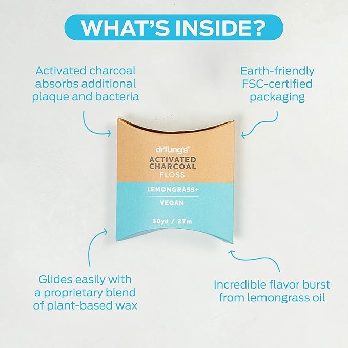 DrTung's Vegan Activated Charcoal Floss - Natural Dental Floss, PTFE & PFAS Free, Gentle on Gums, Expands & Stretches, BPA Free - Lemongrass Flavor (Pack of 2)