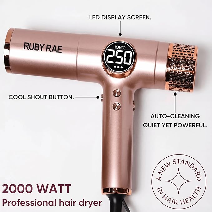 RUBY RAE Ionic Hair Dryer 2000W, Professional Dual Voltage Blow Dryer with Diffuser, Lightweight Design, Fast Drying, Low Noise Technology, 3 Magnetic Attachments Suitable for All Hair Types
