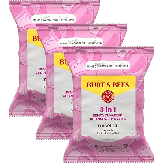 Burt's Bees Stocking Stuffers, Rose Water Face Wipes, for All Skin Types, Hydrating Micellar Makeup Remover & Facial Cleansing Towelettes, Skin Care Christmas Gifts, 30 Ct (3-Pack)