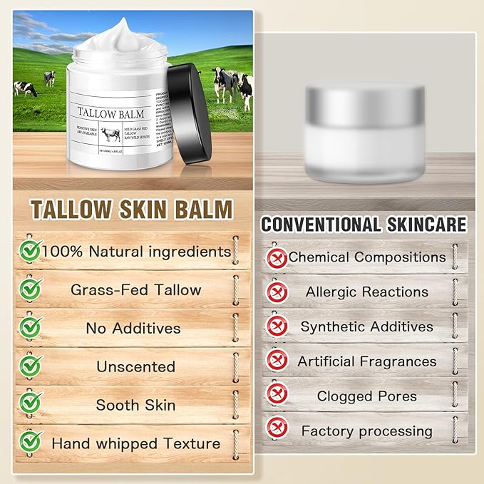 Beef Tallow for Skin, Organic Beef Tallow for Face 4 Oz., Whipped Beef Tallow Balm for Sensitive Skin, Deep Moisturizing For Face Cream, Unscented- Natural Skin Care for Body & Face Moisturizer